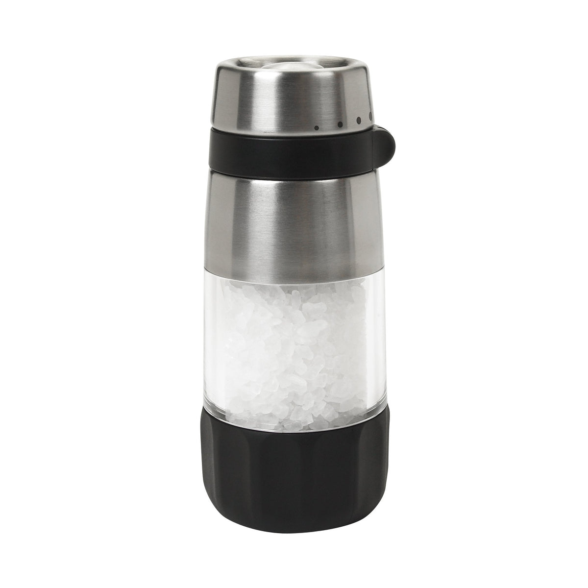 OXO Good Grips Accent Salt Grinder with coarse sea salt inside for easy seasoning.