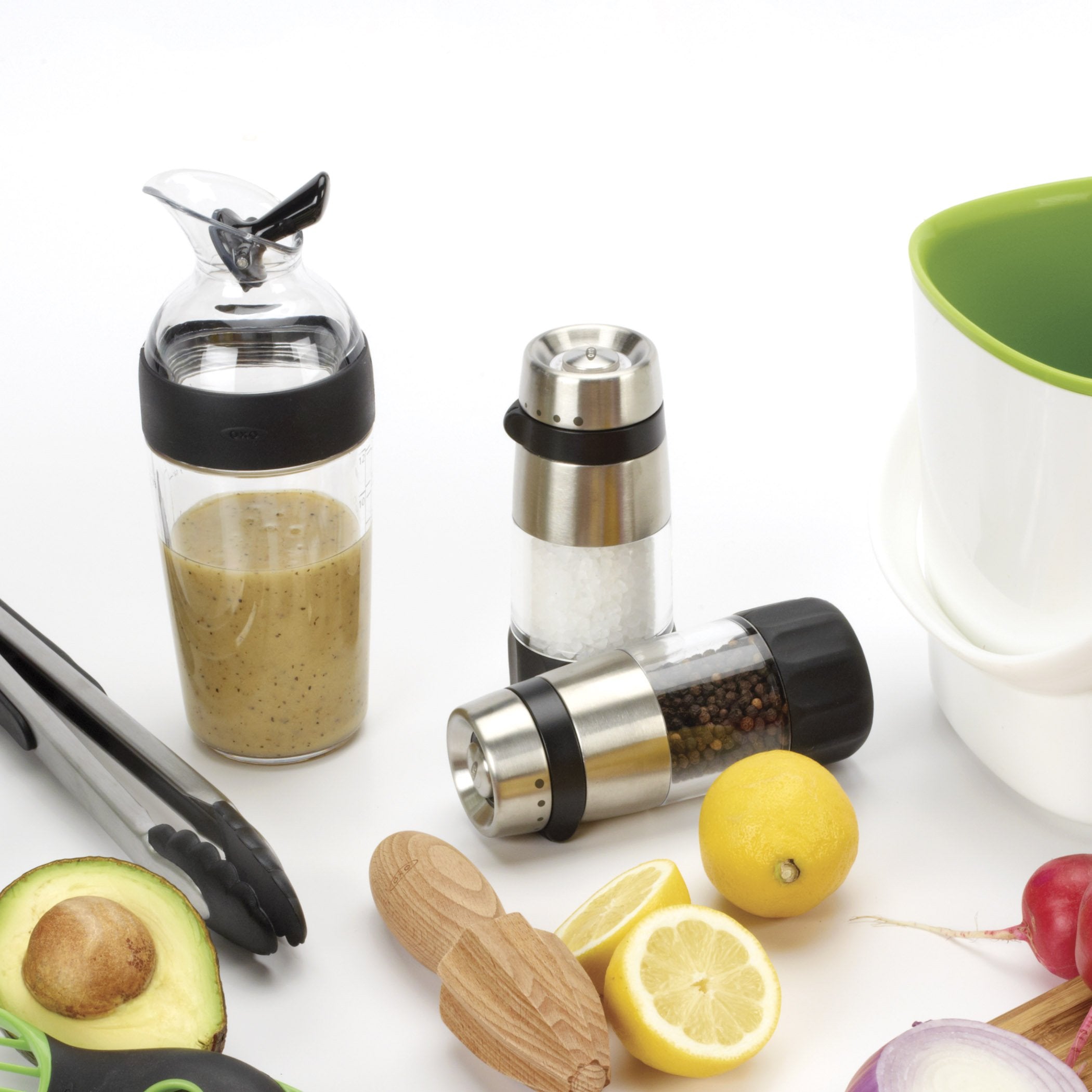 OXO Good Grips Accent Salt Grinder rests flat when inverted for easy refills.