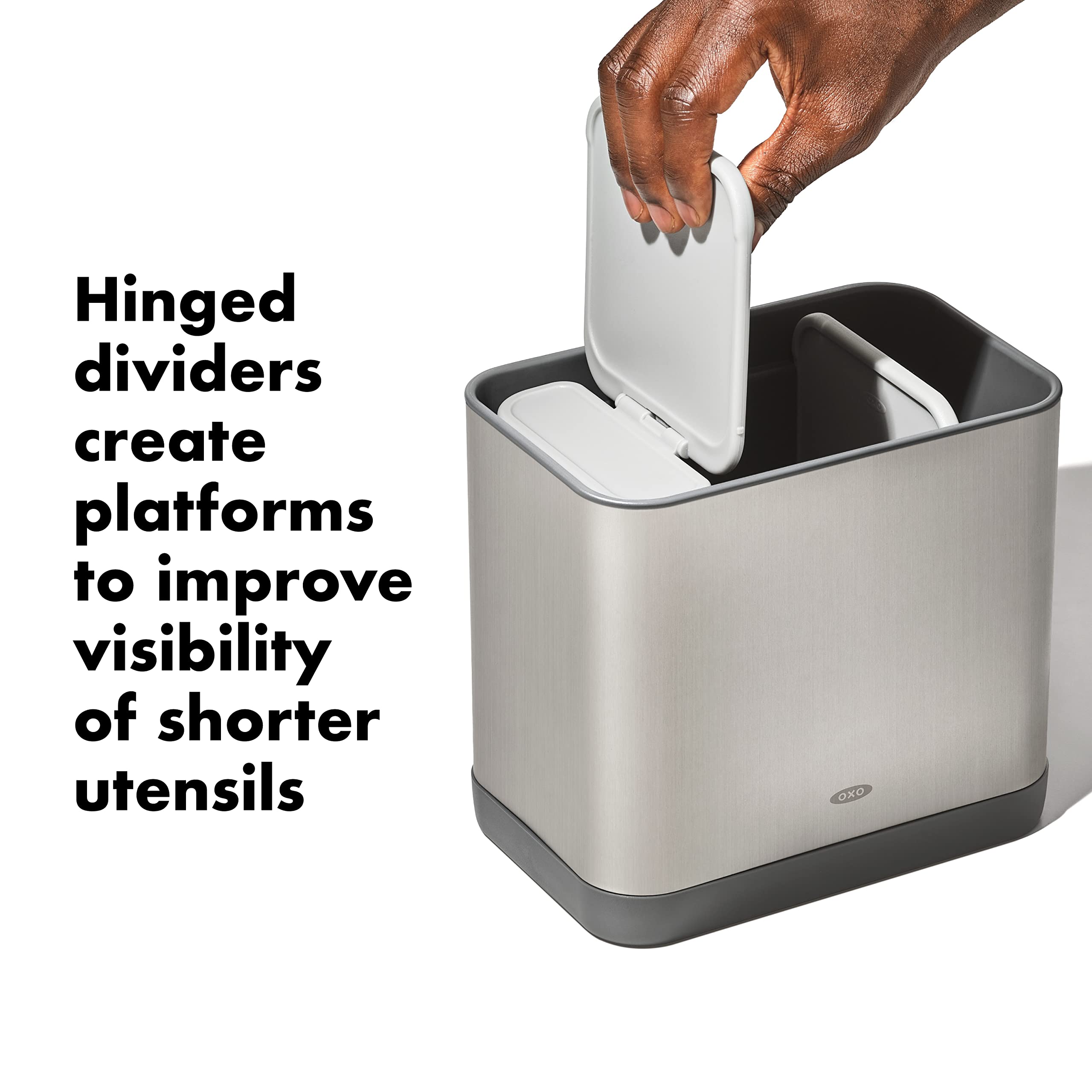 OXO Good Grips hinged dividers create short-tool platforms for quick access.