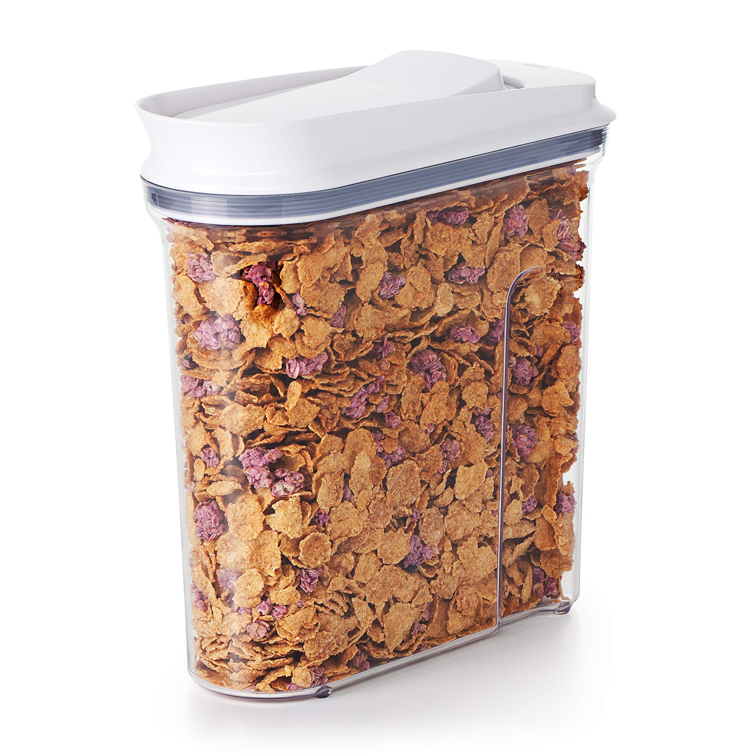 OXO Good Grips cap-close shows one-handed sealing for quick cereal access.