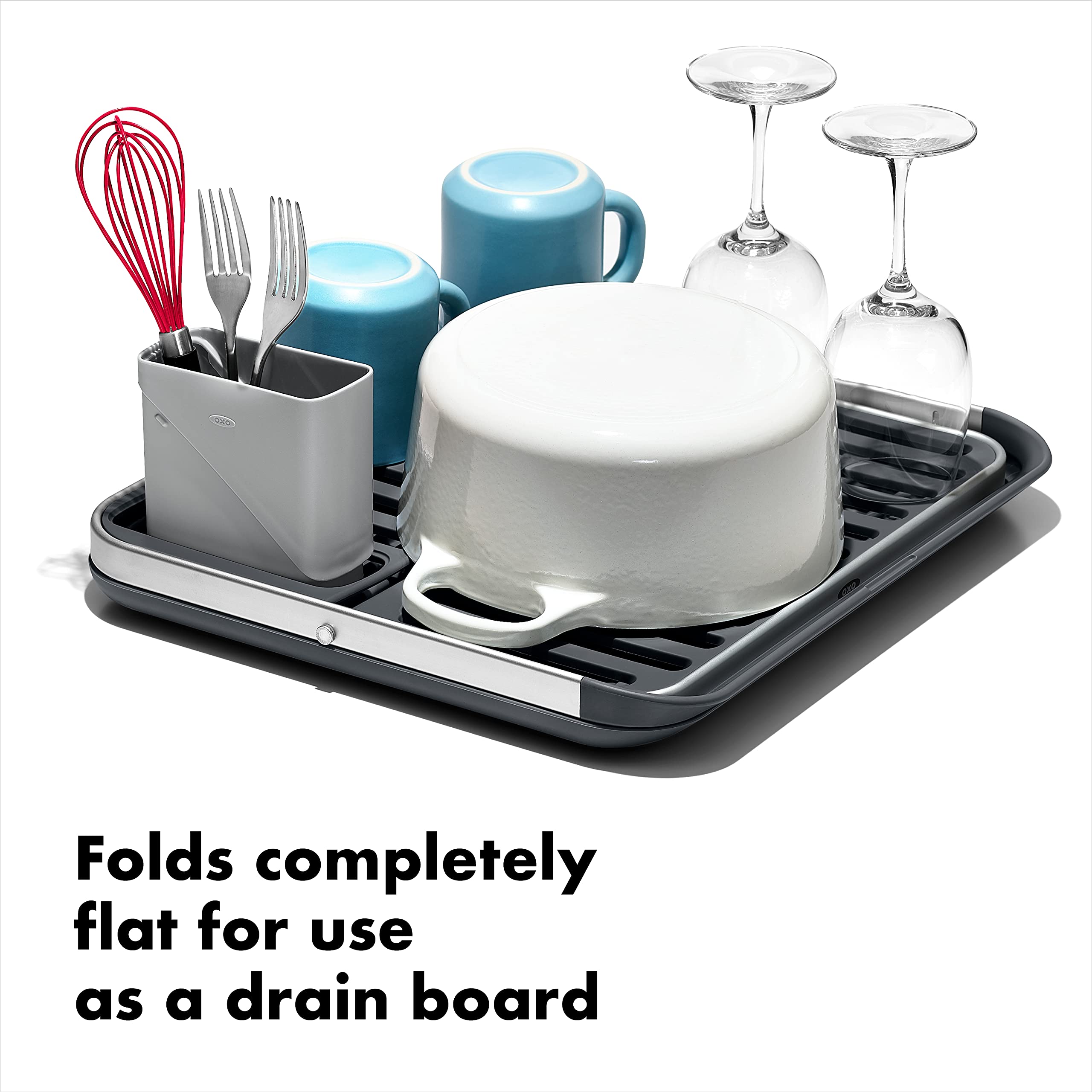 OXO Good Grips rack with drainboard and raised ridges for quick drying