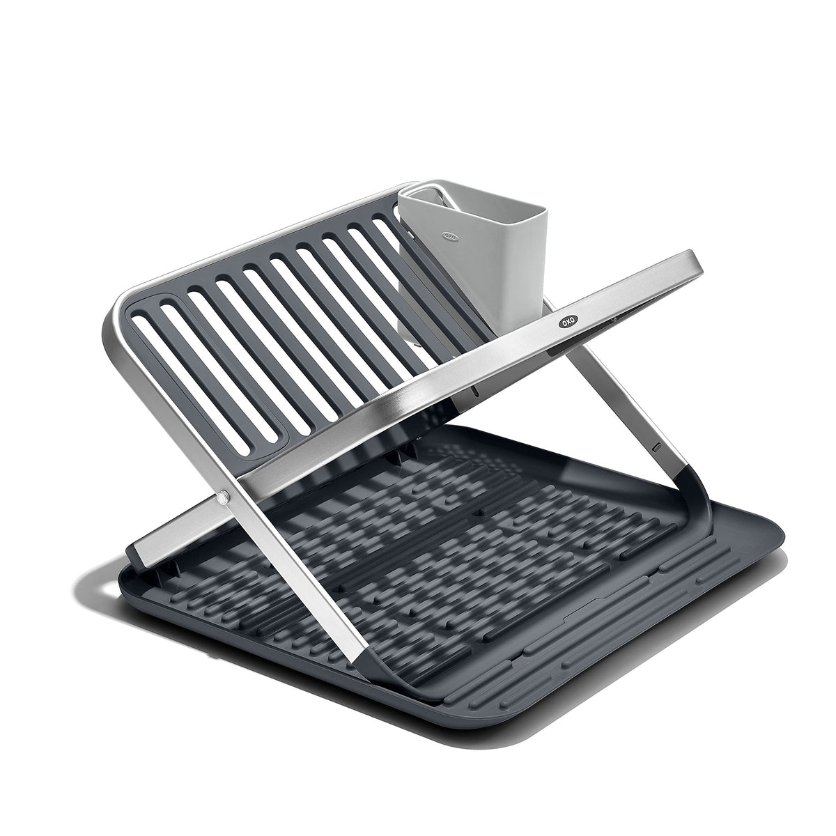 OXO Good Grips aluminum fold-flat dish drying rack front view with versatile two-tier setup