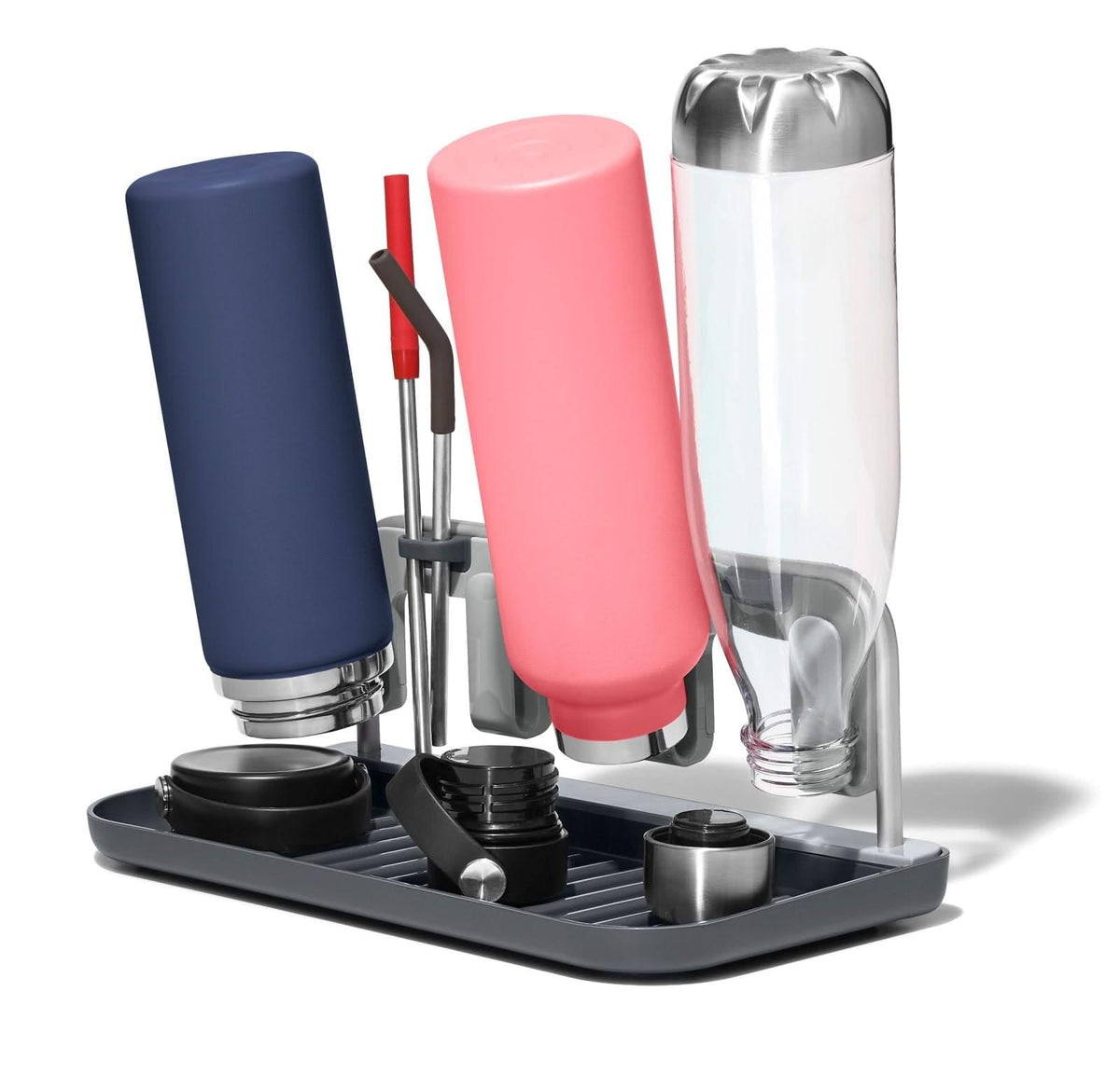 OXO Good Grips aluminum frame bottle drying rack holding four bottles and lids for organized drying
