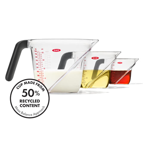 OXO Good Grips angled cups feature a non-slip handle for stable measuring.
