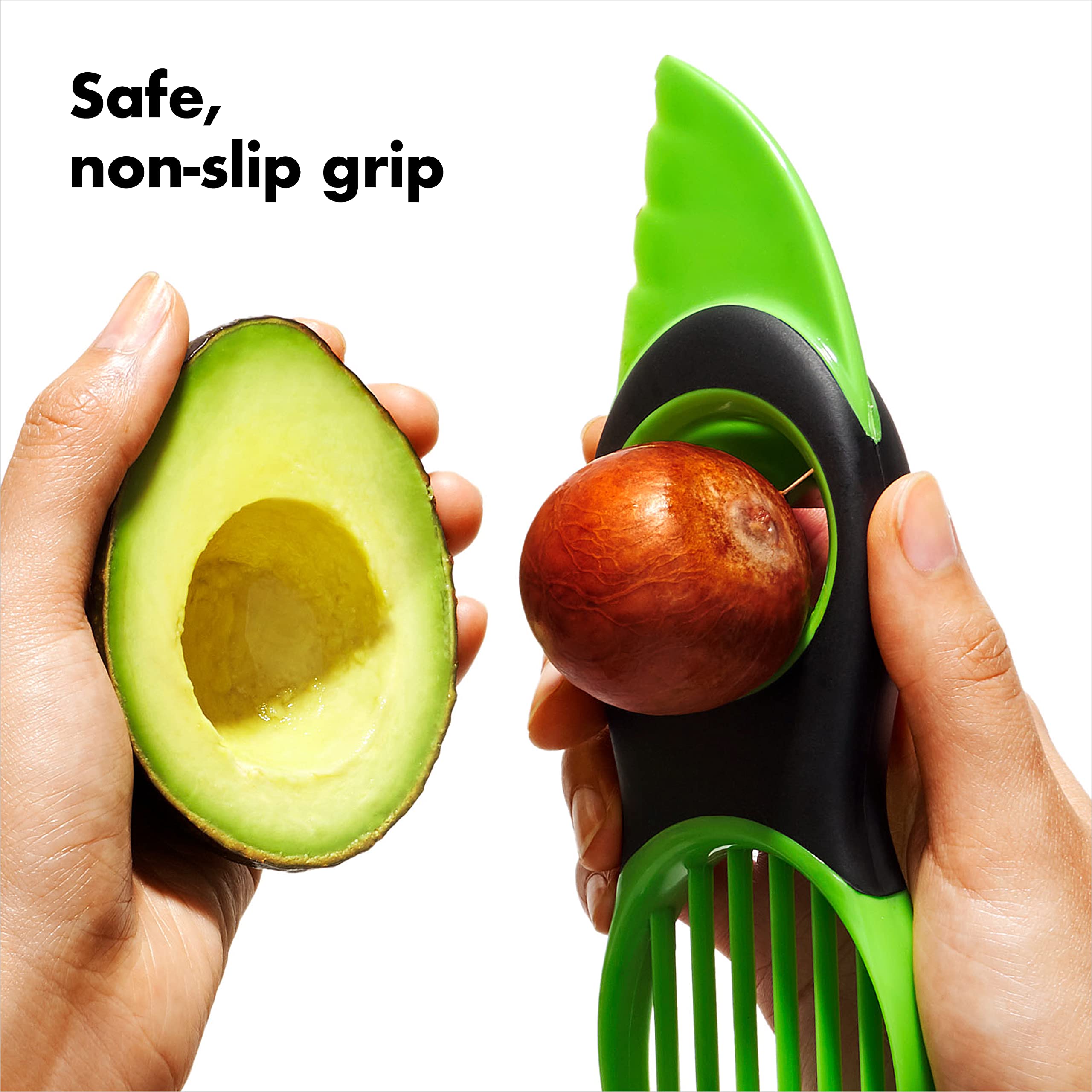 OXO Good Grips avocado slicer green-body close-up for grip and build.