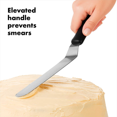 OXO Good Grips Bent Icing Spatula bent blade for clearances helps reach tight corners without smudging frost