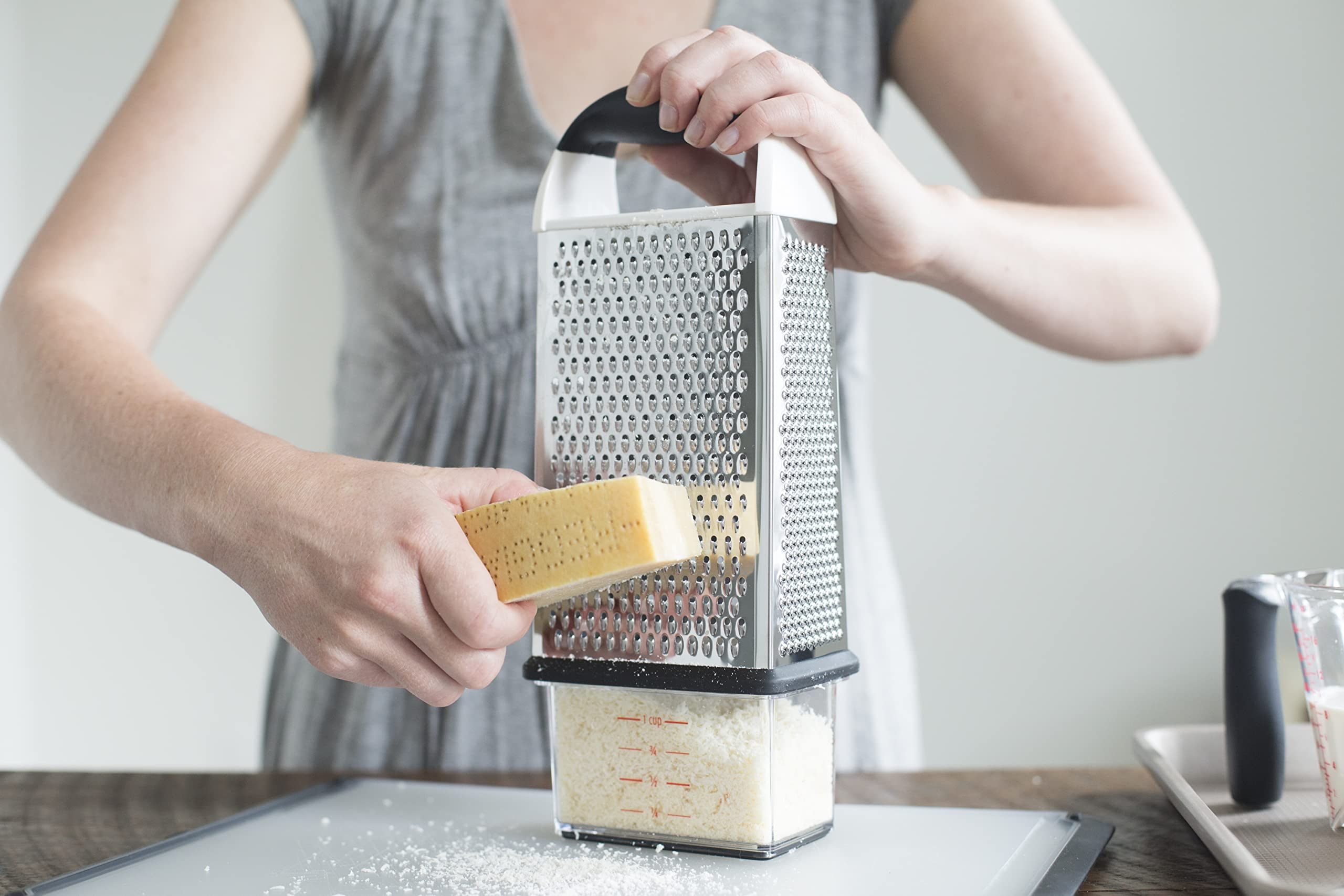 OXO Good Grips Box Grater container shows measurement markings for portions