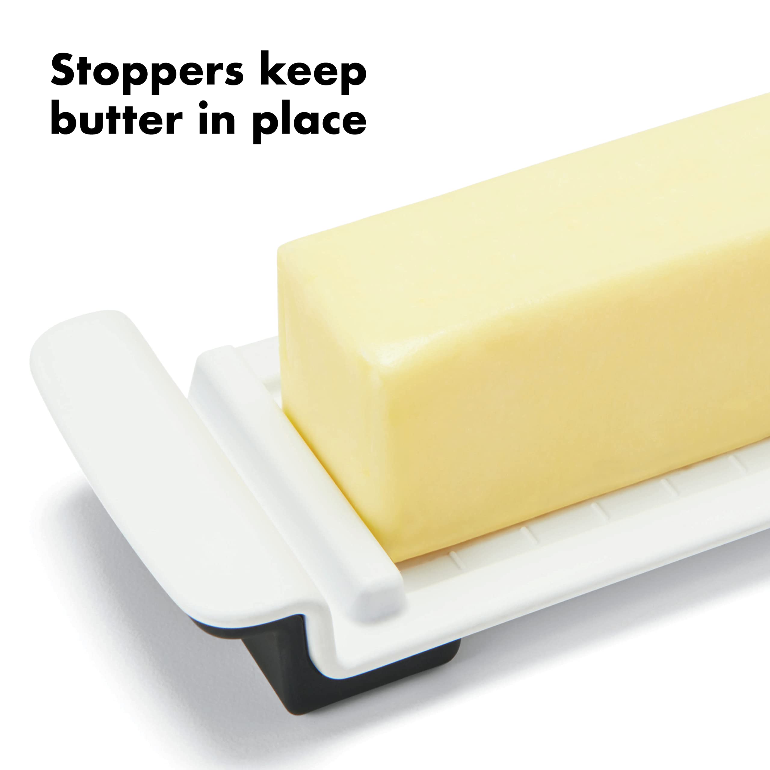 OXO Good Grips butter dish supports both long and short sticks for versatility.
