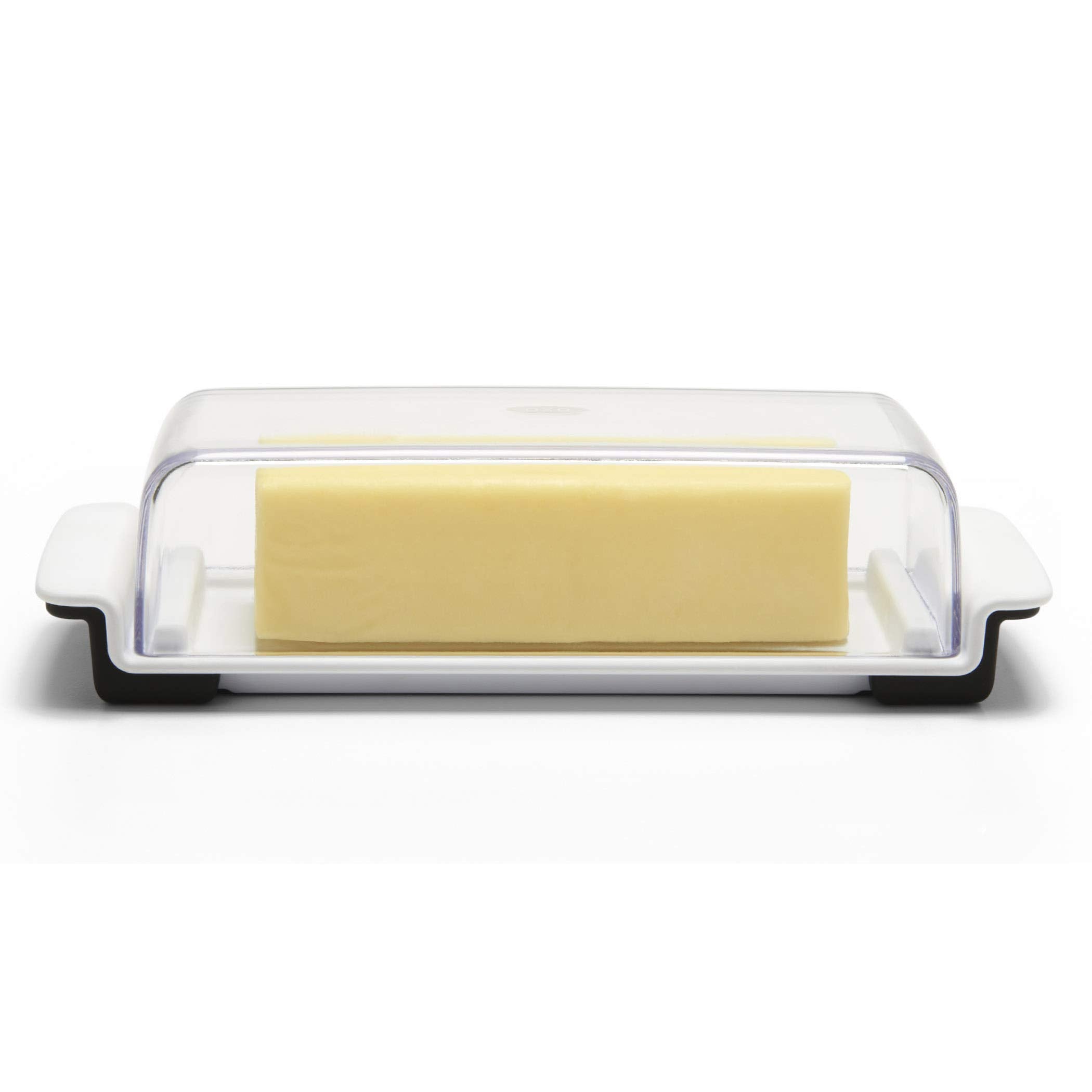 OXO Good Grips butter dish with stoppers keeps butter in place for clean slicing.