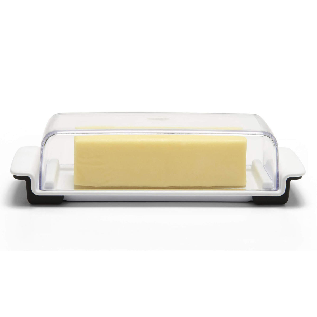 OXO Good Grips butter dish with stoppers keeps butter in place for clean slicing.