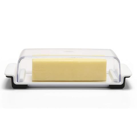 OXO Good Grips butter dish with stoppers keeps butter in place for clean slicing.