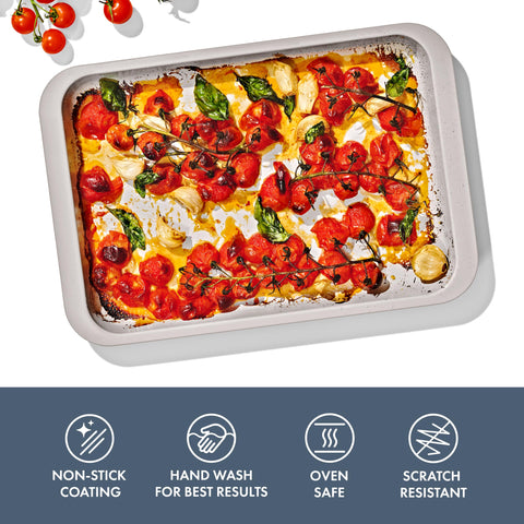 OXO Good Grips ceramic non-stick coating close-up showing effortless food release.