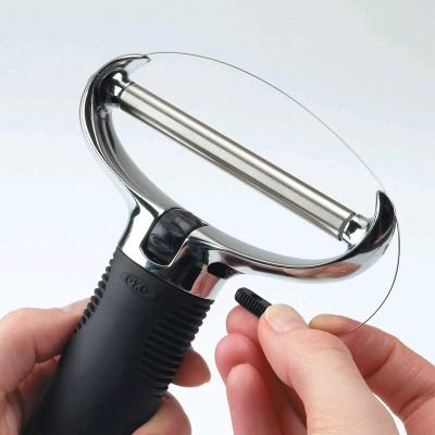 OXO Good Grips Cheese Slicer with tension wheel keeps wire taut for consistent slicing.