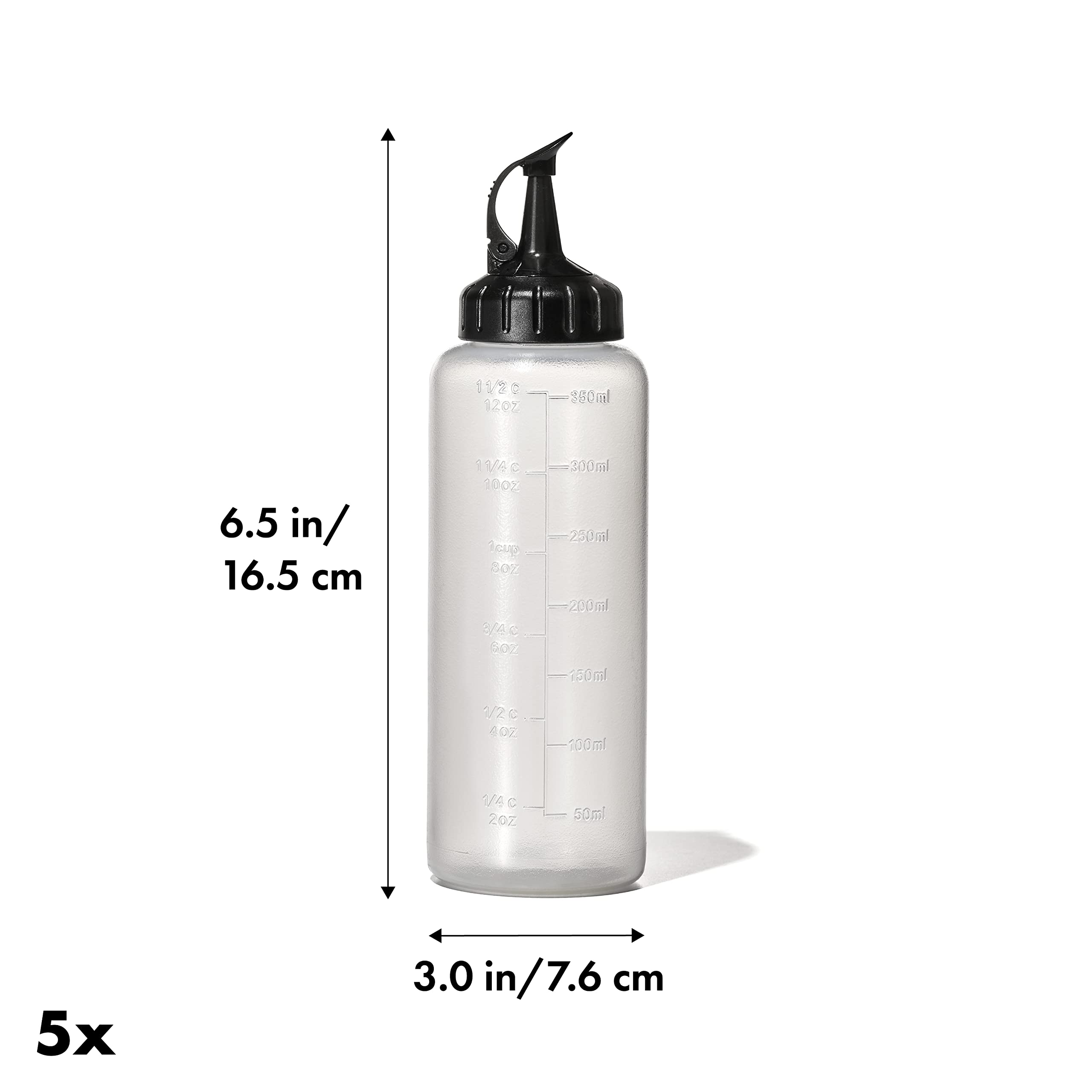 Attached cap remains open for one-handed pouring and quick shaking with OXO bottle.