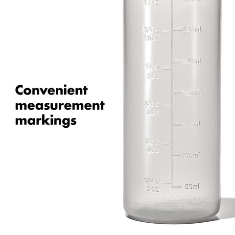 BPA-free OXO bottles with clear measurement markings for easy mixing.
