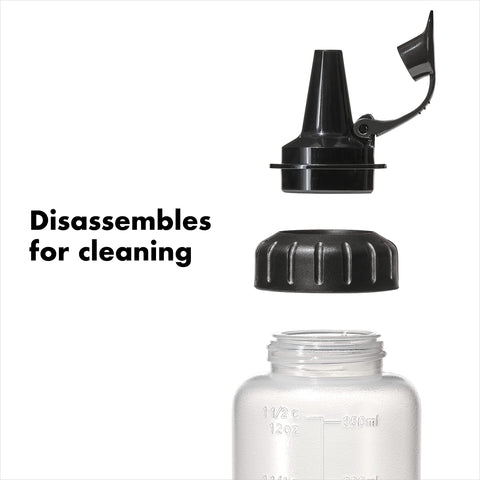 Collar and pour spout disassemble for faster cleaning and storage.