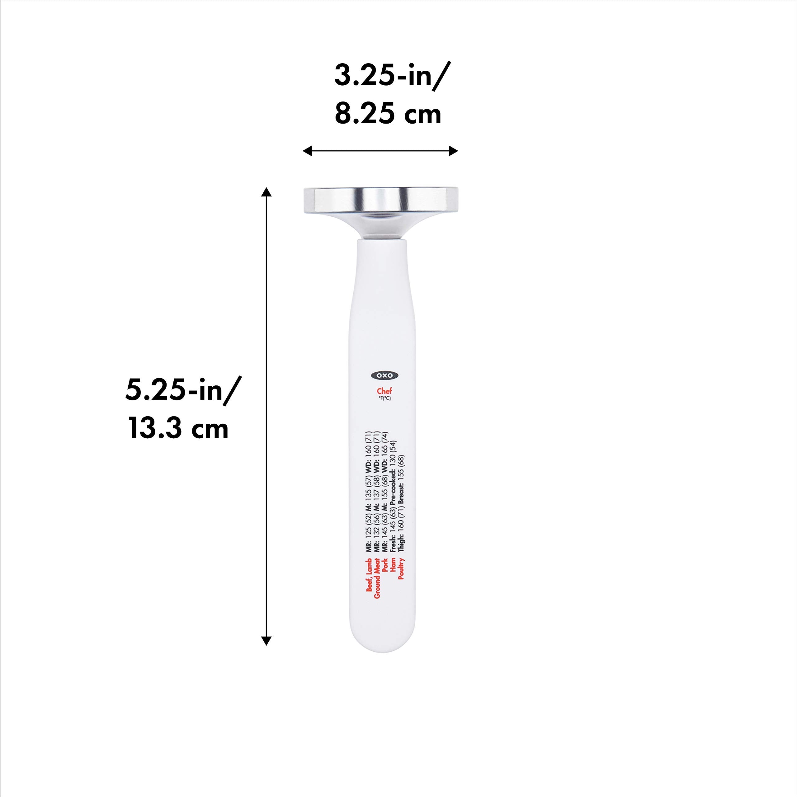 OXO Good Grips thermometer face display with clear readouts for quick temperature checks.