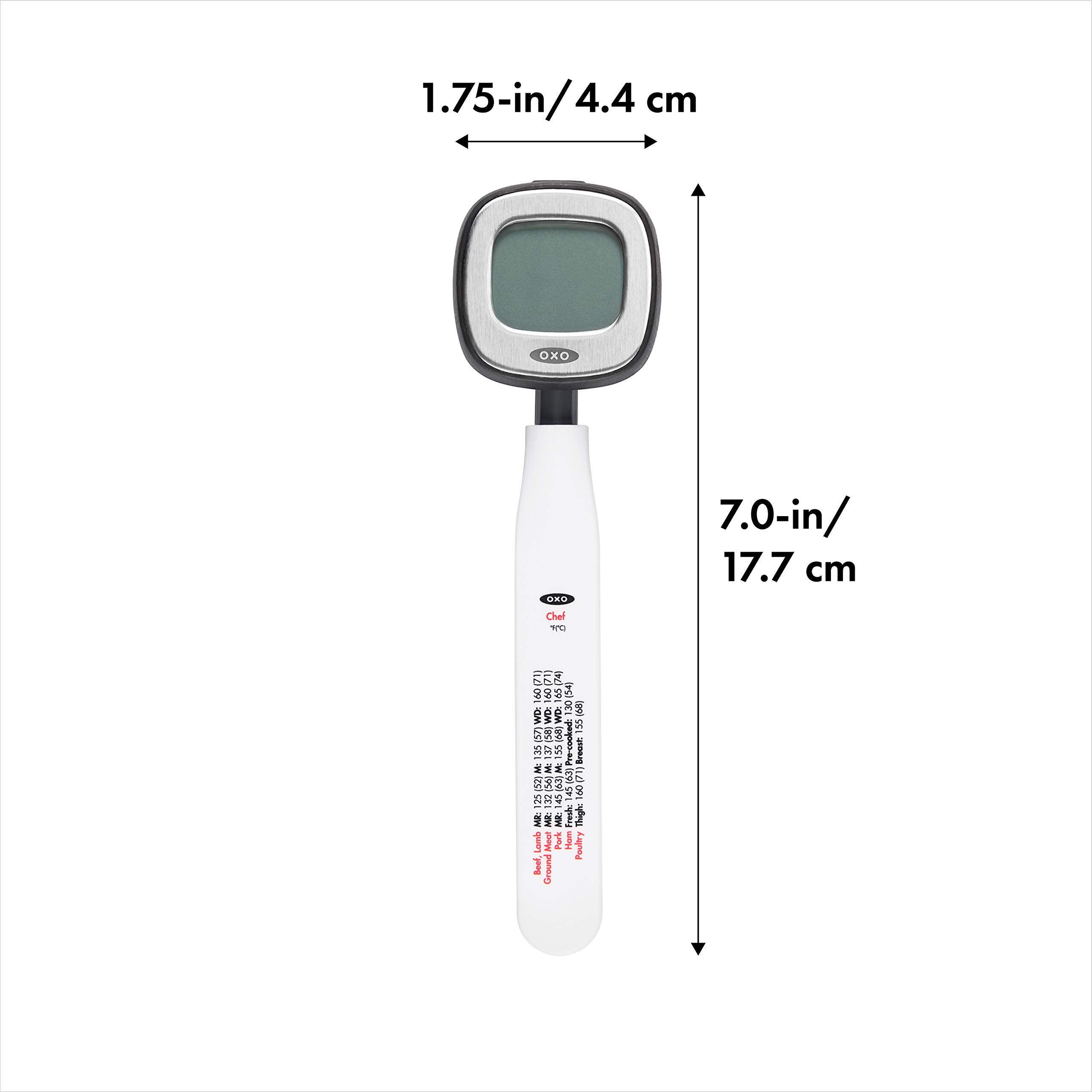 OXO Good Grips thermometer ultra-thin tip enables fast readings.
