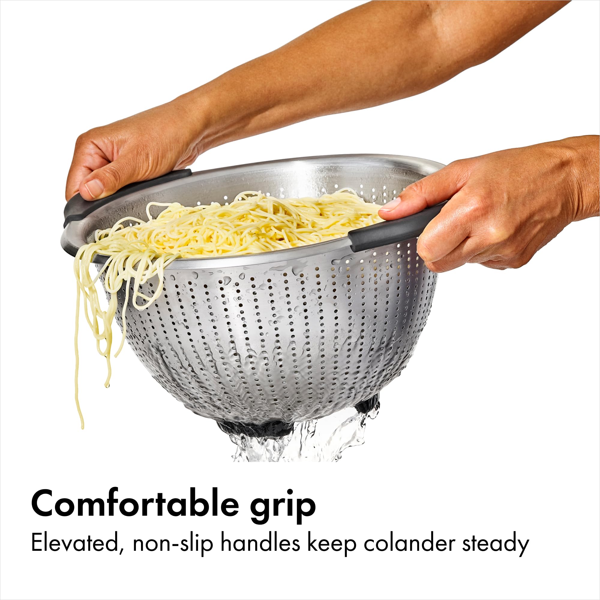 OXO Good Grips colander close-up showing non-slip handles for lifting