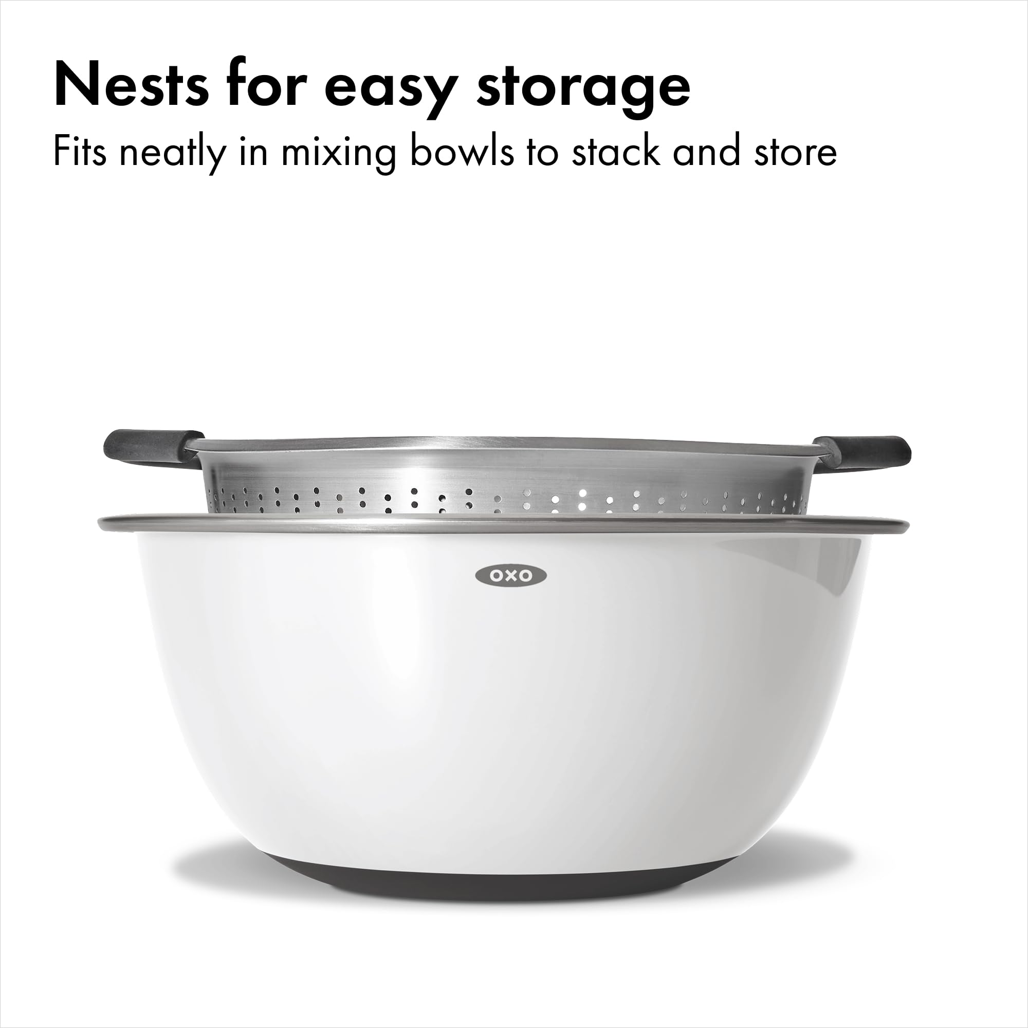 OXO Good Grips colander with three raised feet stays stable in sink