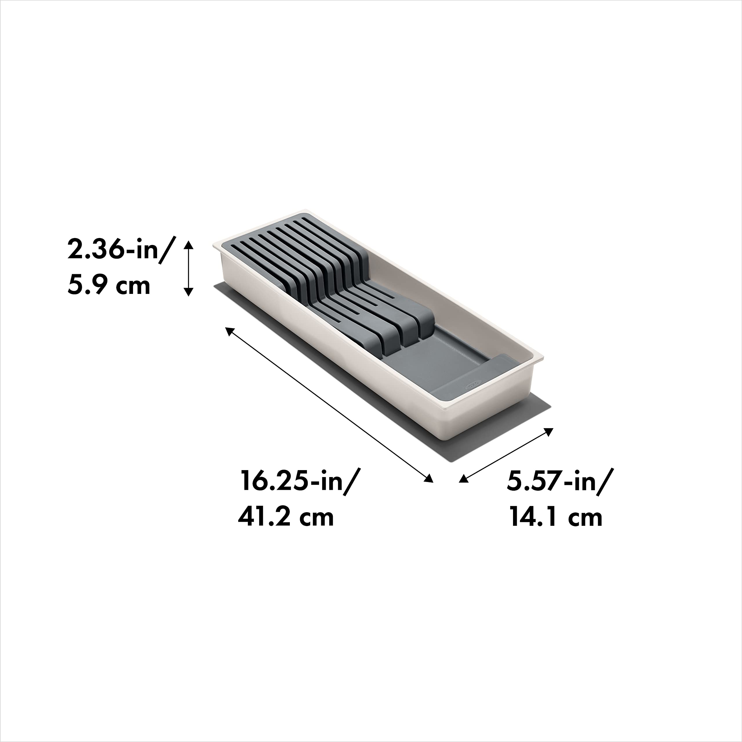 OXO Good Grips compact knife drawer organizer showing five small knife slots for efficient storage.