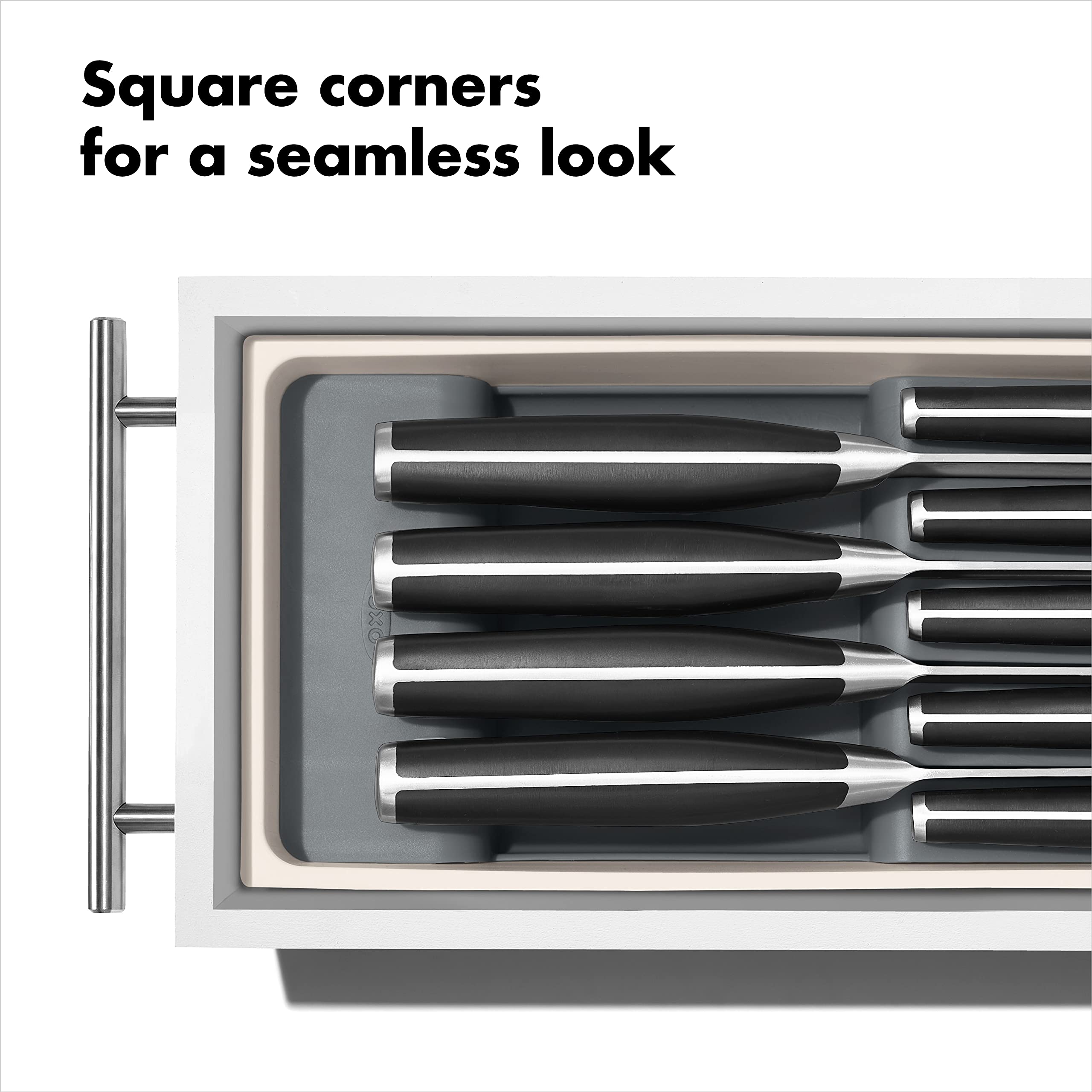 OXO Good Grips compact knife drawer organizer features non-slip feet to stay in place.