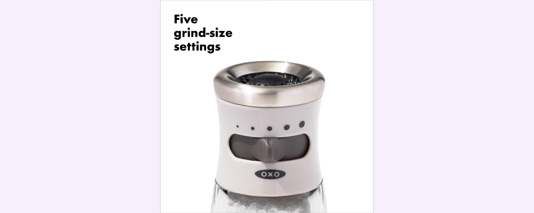 OXO Good Grips contoured salt grinder showing five grind levels for varied texture