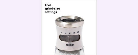 OXO Good Grips contoured salt grinder showing five grind levels for varied texture