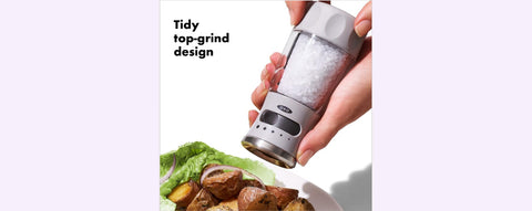 OXO Good Grips contoured salt grinder with ergonomic side grip for comfortable use