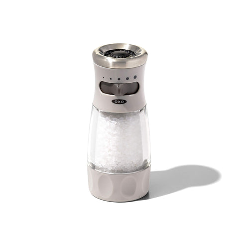 OXO Good Grips contoured salt grinder top view for mess-free table seasoning
