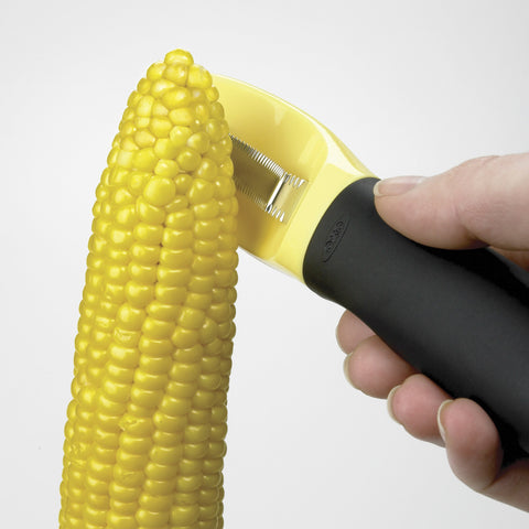 OXO Good Grips corn peeler showing angled blade for precise kernel removal