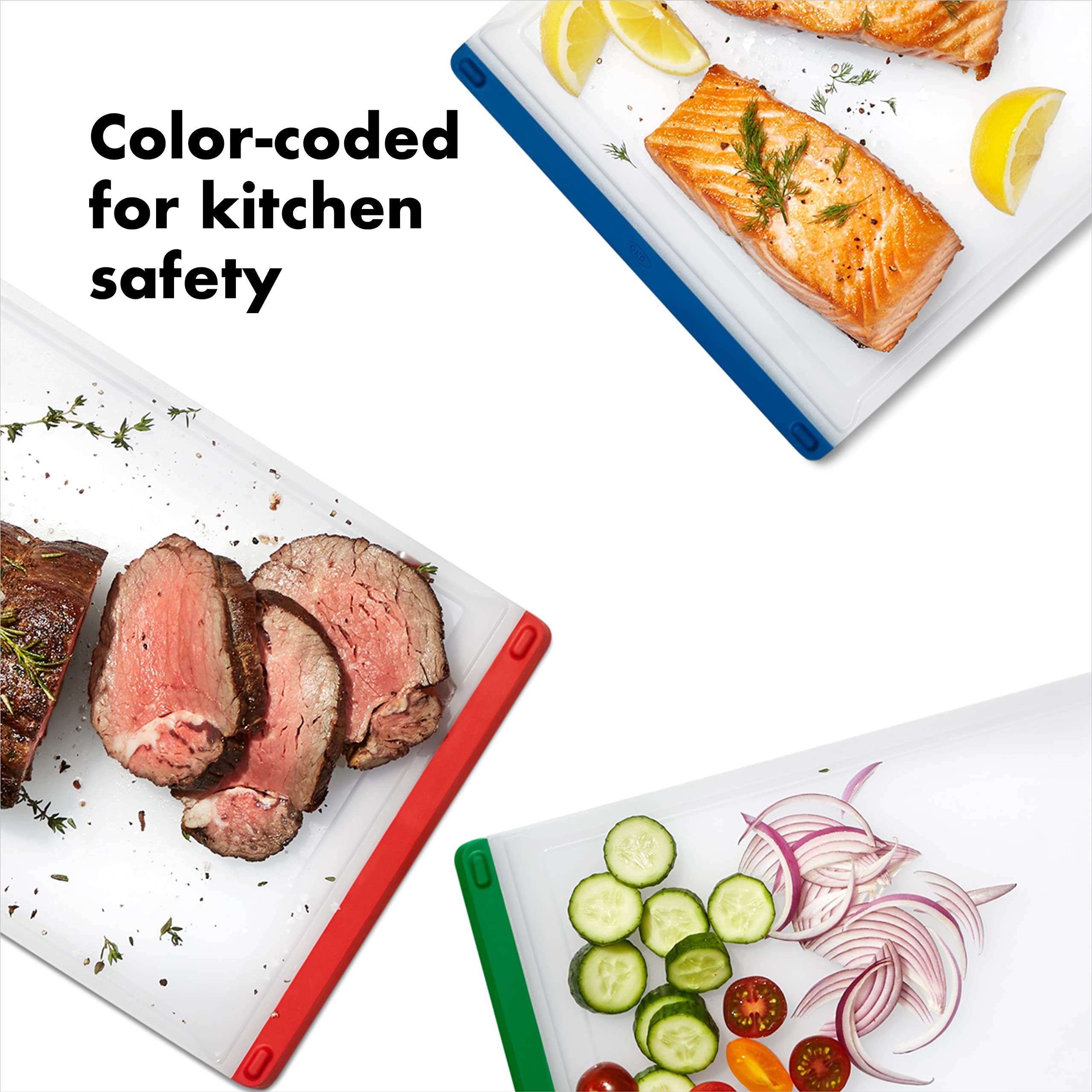OXO Good Grips blue cutting board for fish to prevent cross-contamination.