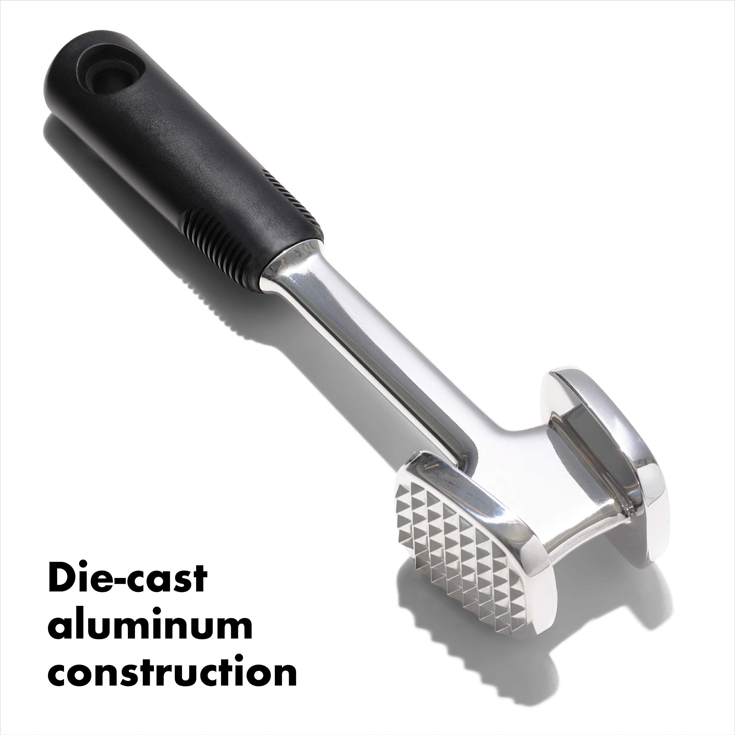OXO Good Grips die cast meat tenderizer flat side for quick, even flattening.