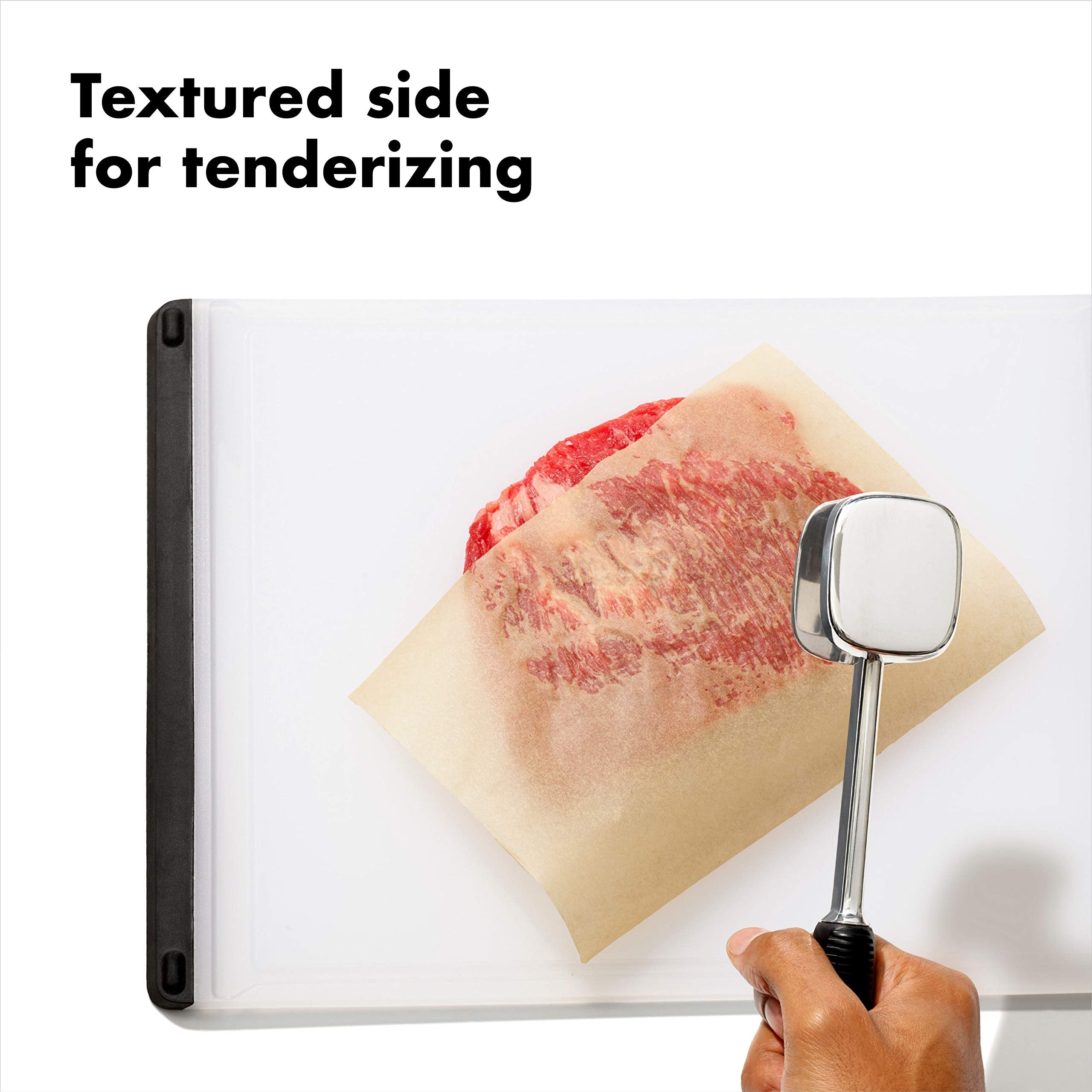 OXO Good Grips tenderizer with soft non slip handle for comfortable use.