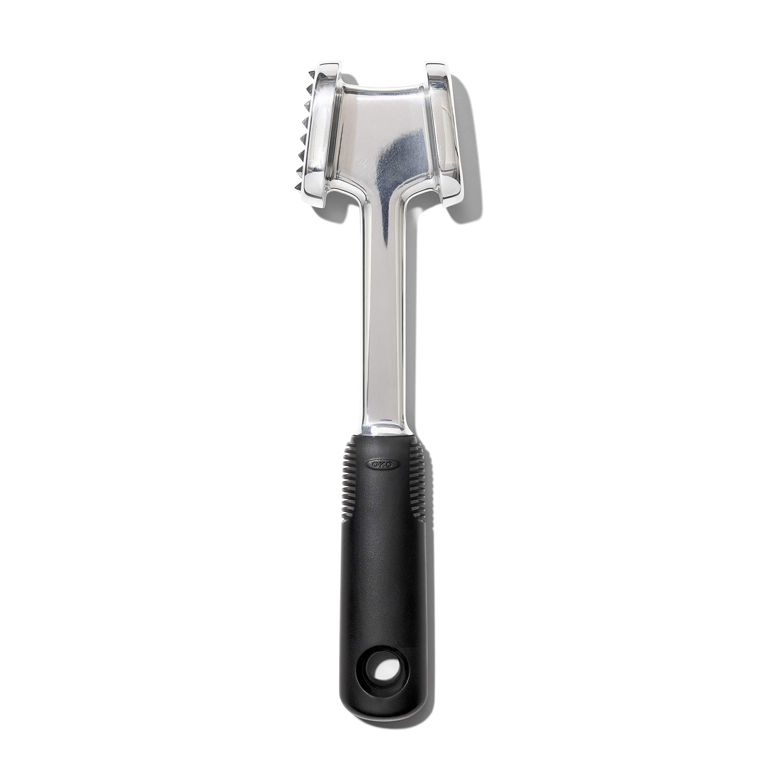 OXO Good Grips die cast meat tenderizer with pyramid teeth for tenderizing poultry and beef.