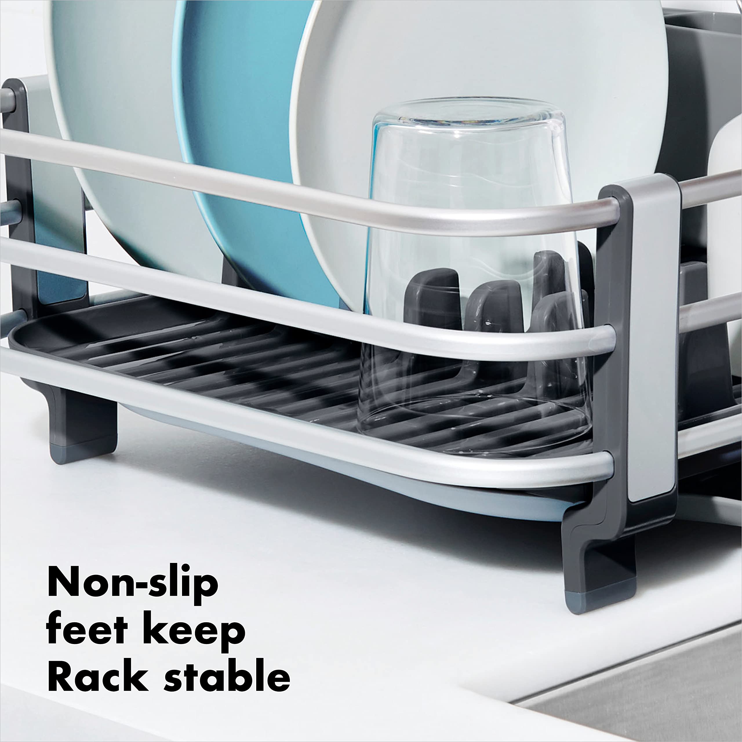 Adjustable drain tray directs water flow to suit counter layouts.