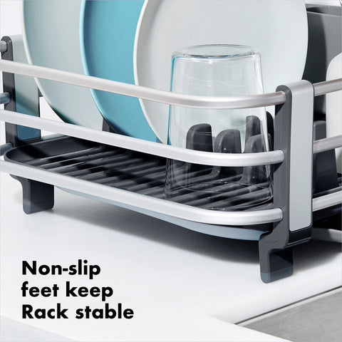Adjustable drain tray directs water flow to suit counter layouts.