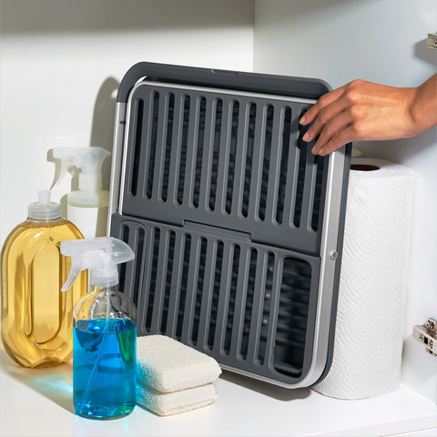 Efficient drainage on OXO Good Grips dish rack with raised ridges