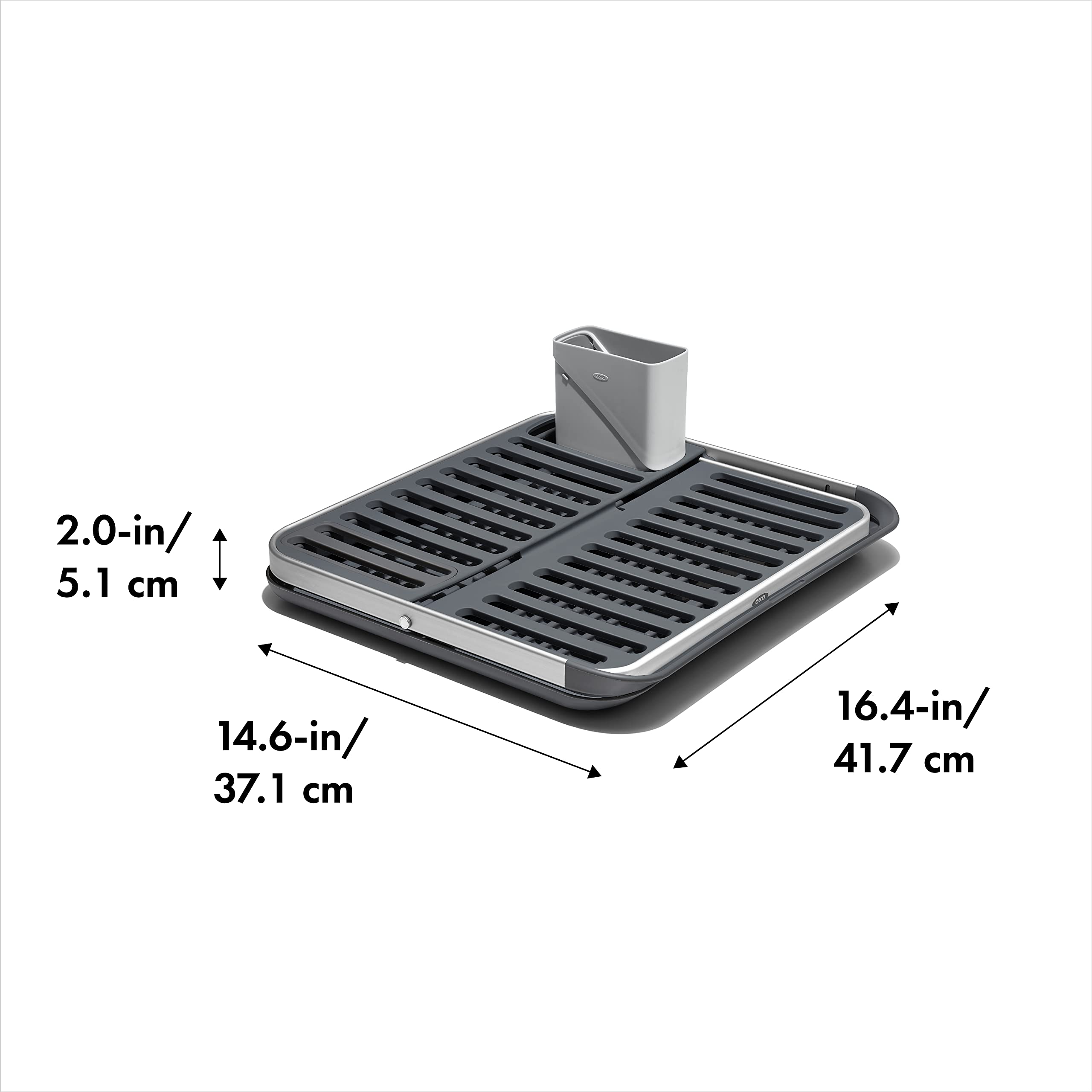 Fold-flat storage view of OXO Good Grips dish rack for compact keeping