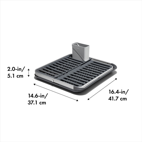 Fold-flat storage view of OXO Good Grips dish rack for compact keeping