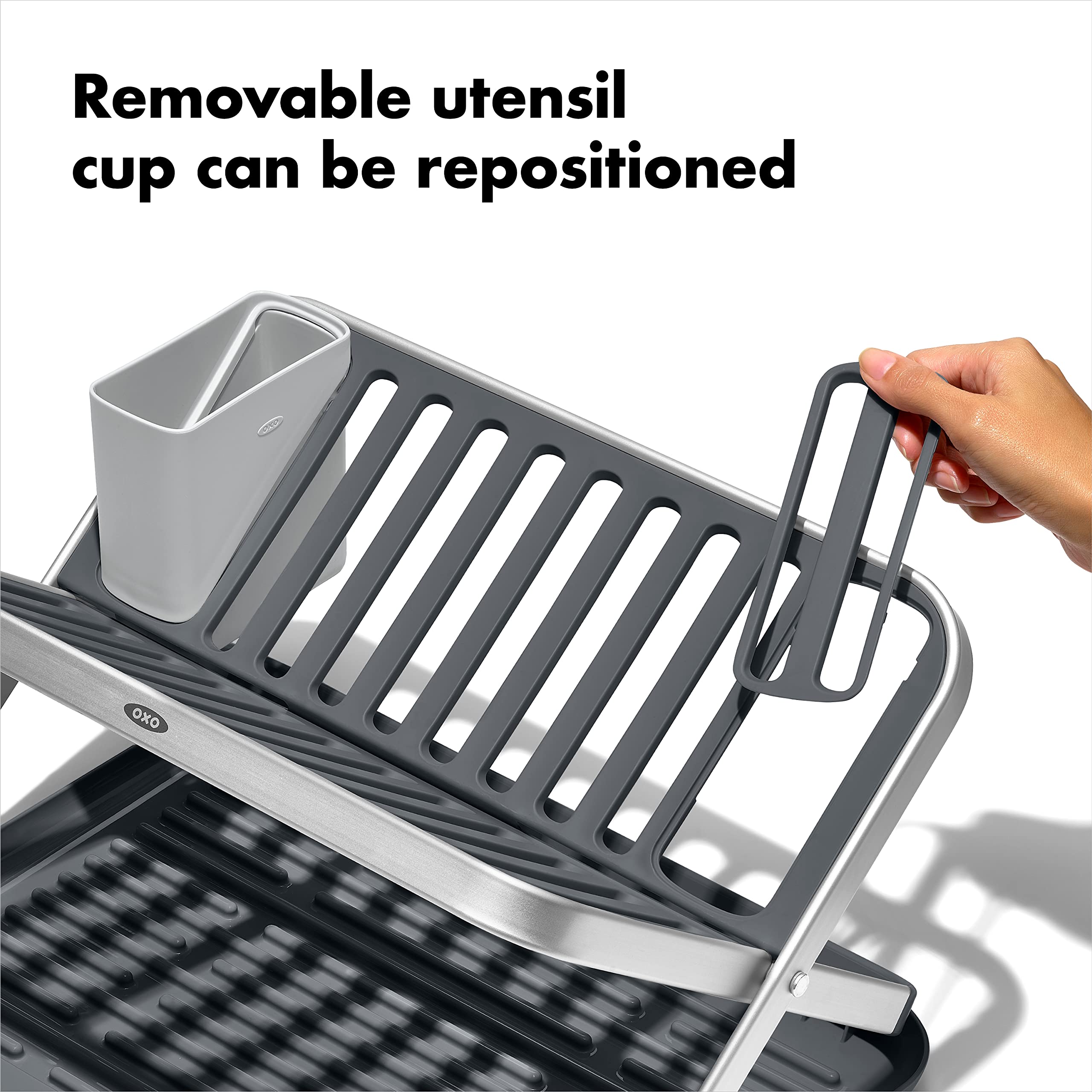 Non-slip feet on OXO Good Grips dish rack stabilize on countertops