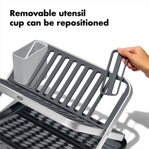 Non-slip feet on OXO Good Grips dish rack stabilize on countertops