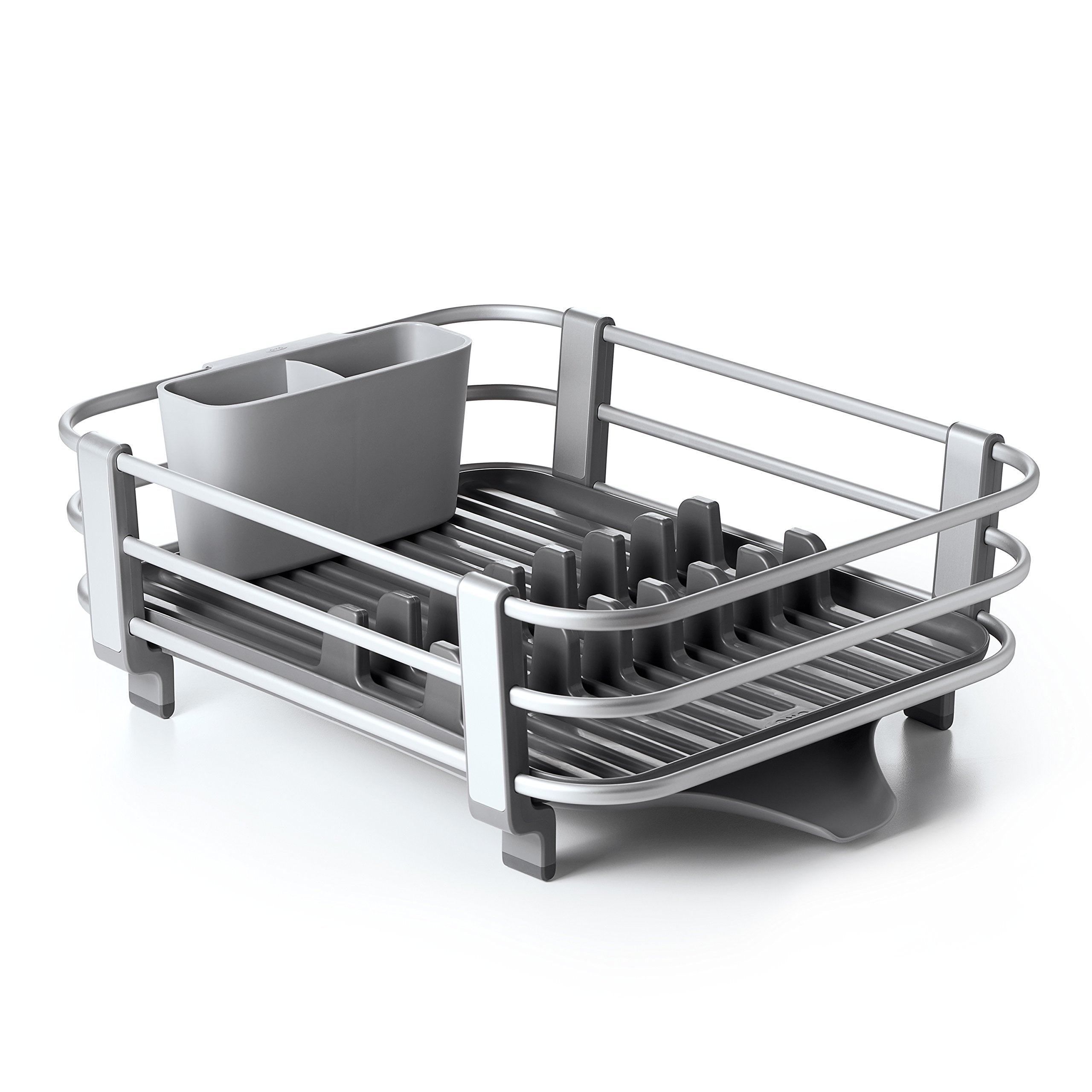 OXO Good Grips dish rack with rustproof aluminum frame dries dishes efficiently.