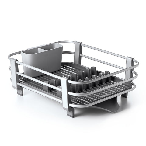 OXO Good Grips dish rack with rustproof aluminum frame dries dishes efficiently.