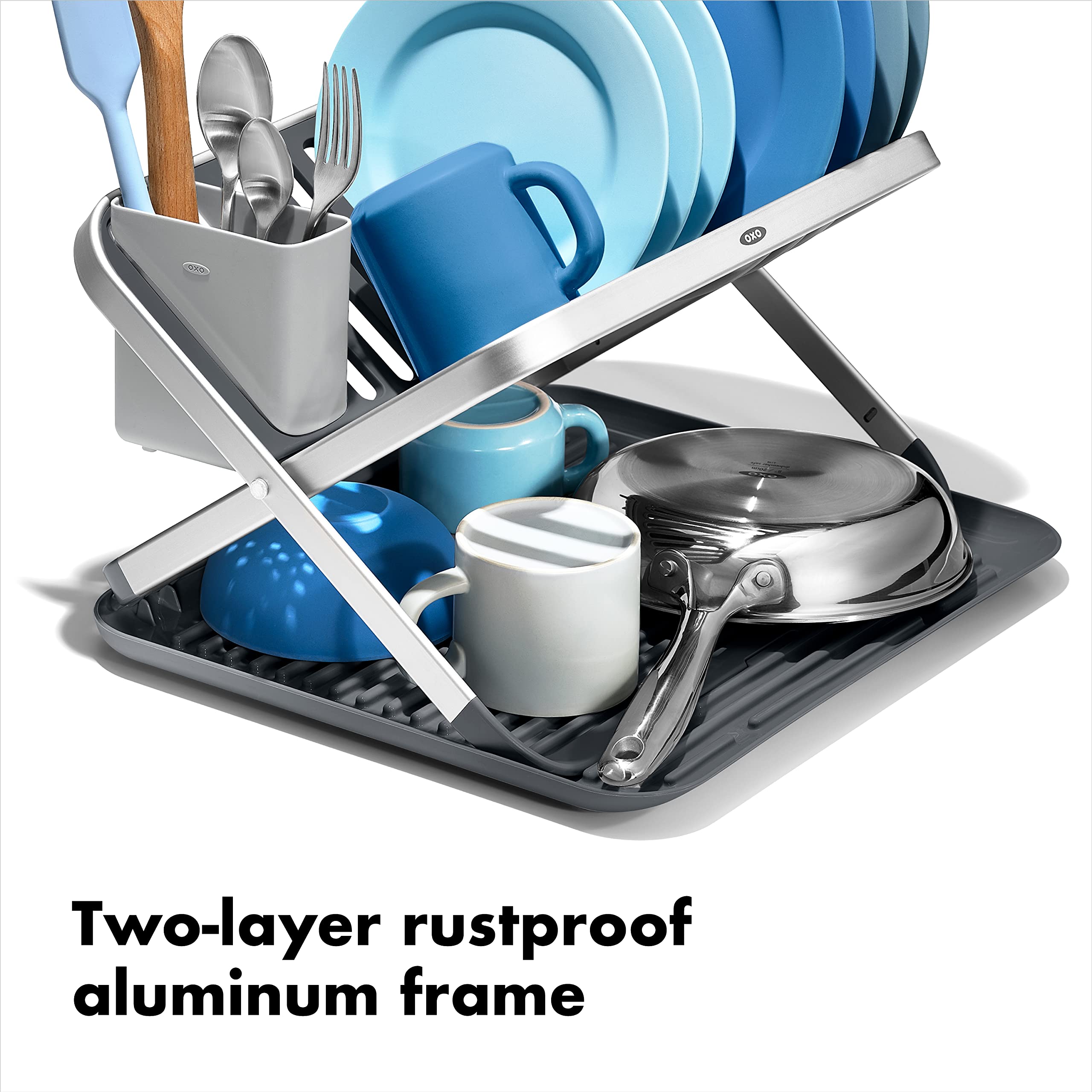 OXO Good Grips rack two-tier configuration displaying capacity for varying dishes