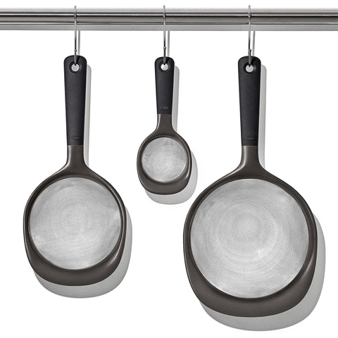 Dishwasher-safe OXO Good Grips strainer ready for easy cleanup.