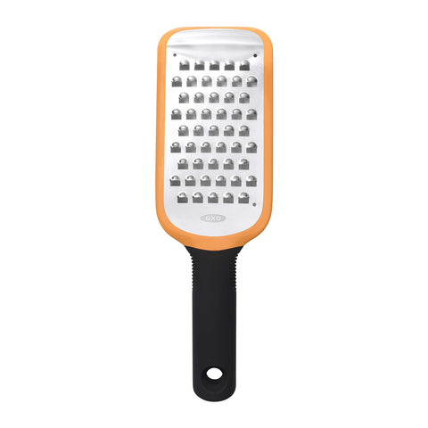 OXO Good Grips etched coarse grater with orange handle for easy semi-soft cheese and potato grating