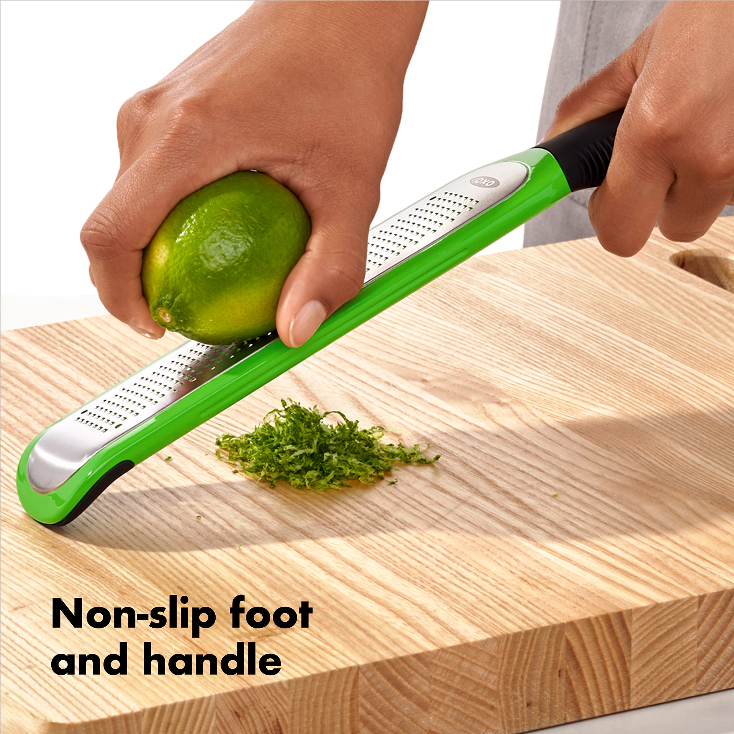 OXO Good Grips etched zester bright green color helps quick kitchen spotting.