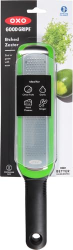 OXO Good Grips etched zester blade detail emphasizes a sharp, durable grating surface.