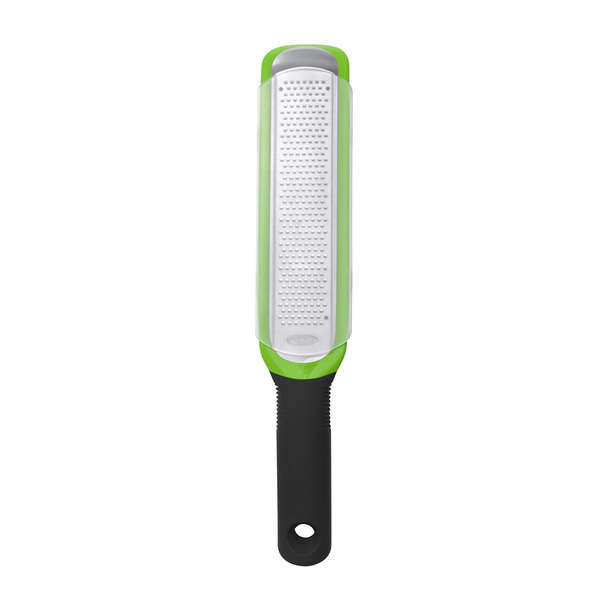 OXO Good Grips etched zester handle close-up highlighting comfortable grip for zesting.